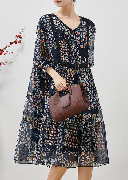 Navy Oversized Print Chiffon Mid Dress Summer