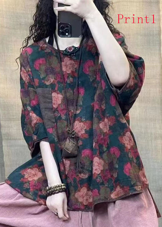 Retro Loose Print O-neck Linen Tops Summer