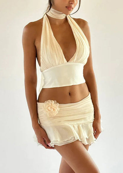 Beige V Neck Lace Up Tank and Skirts Cotton Two Pieces Set Sleeveless