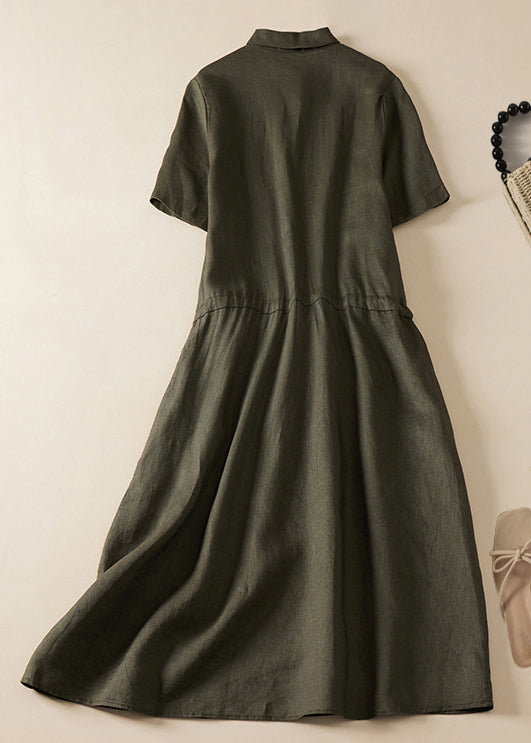 Army Green Lace Up Button Linen Dress Summer