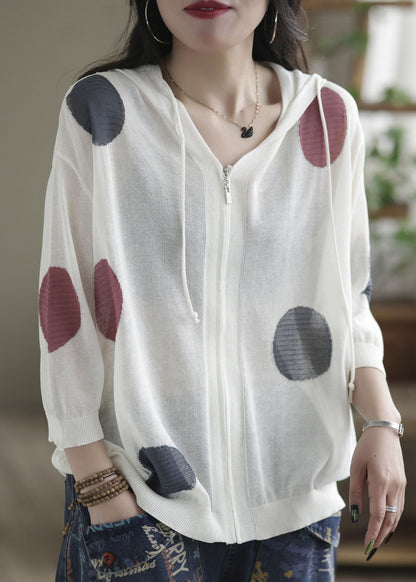 White Dot Print Knit Upf 50+ Coat Jacket Hooded Drawstring Spring
