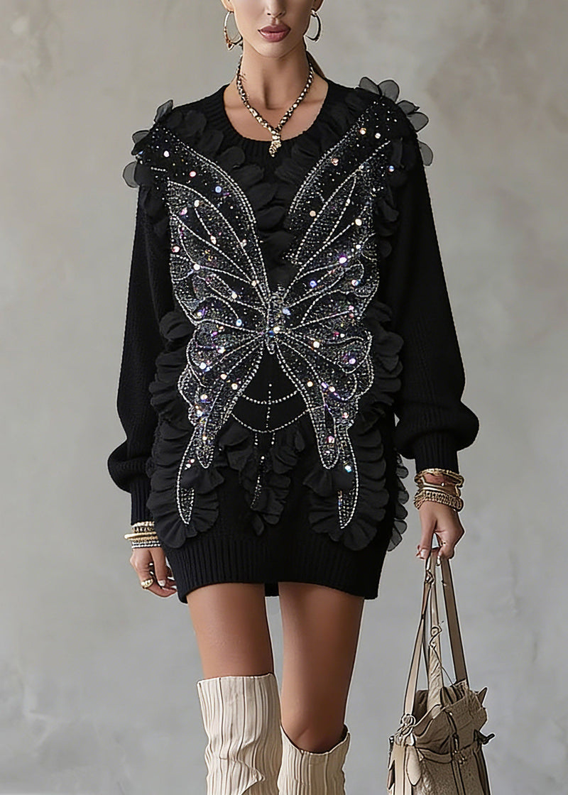 Black O-neck Sequins Top Lantern Sleeve