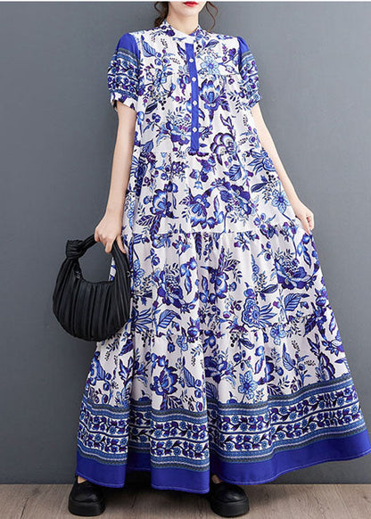 Blue Print Stand Collar Chiffon Long Dress Lantern Sleeve