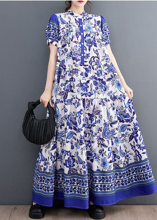 Blue Print Stand Collar Chiffon Long Dress Lantern Sleeve