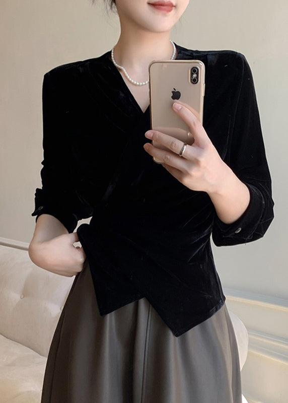 Black V Neck Tie Waist Silk Velvet Shirt Spring