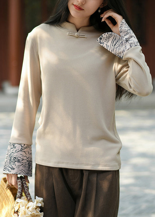 Handmade Beige Stand Collar Patchwork Cotton Shirt Tops Spring