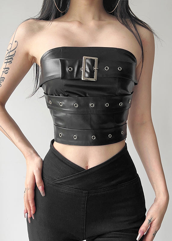 Novelty Black Cold Shoulder Patchwor Faux Leather Top Summer