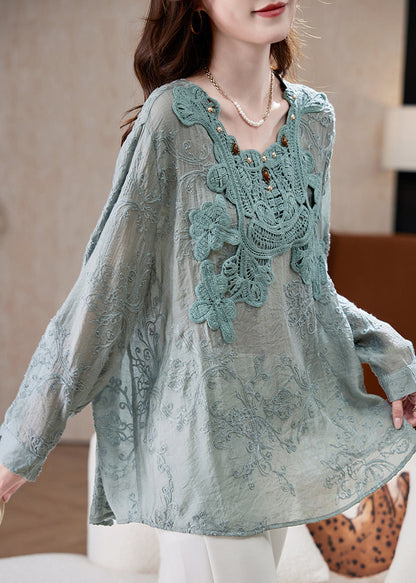 Natural Blue Embroidered Hollow Out Chiffon Top Spring