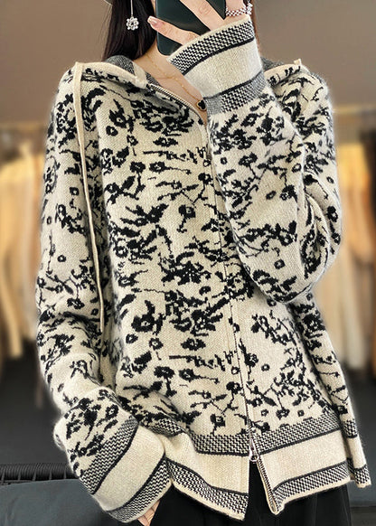 Beige Hooded Zippered Print Wool Knit Coat Long Sleeve