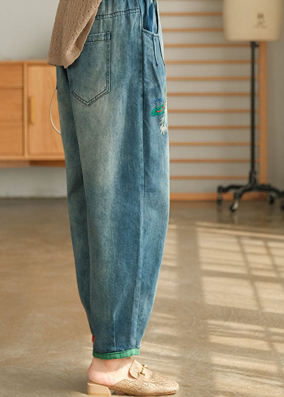 Unique Blue Pockets Embroidered Harem Fall Denim Pants