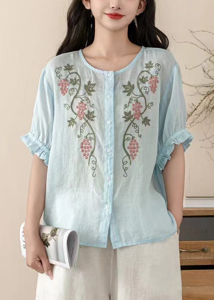 Blue Embroidered Linen Top Summer