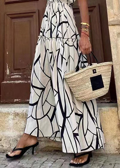 White Ruffled Print Cotton Long Dresses Summer