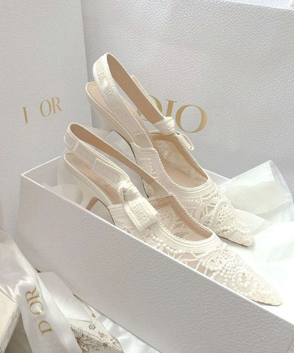 French White Embroidered Lace High Heeled Sandals
