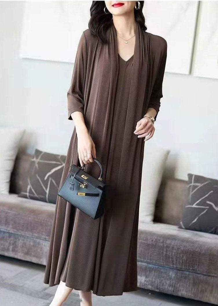 Coffee V Neck Patchwork False Two Pieces Silk Long Dress Spring
