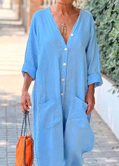 Blue V Neck Button Pockets Cotton Jumpsuits Summer