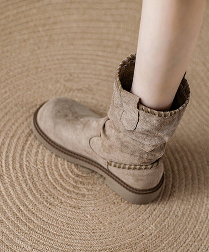 Khaki Suede Tassel Splicing Wrinkled Boots