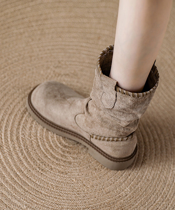 Khaki Suede Tassel Splicing Wrinkled Boots