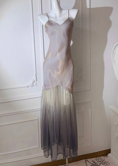 Grey V Neck Tulle Patchwork Spaghetti Strap Dress Sleeveless