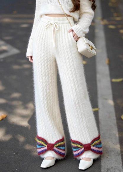 French White Pockets Bow Elastic Waist Knit Pants Fall