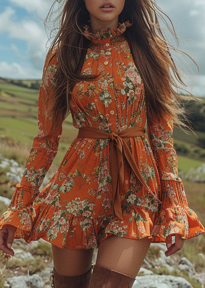 New Orange Ruffled Print Cotton Short Dress Long Sleeve