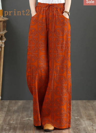Orange-print1 Elastic Waist Linen Straight Pants Color Drawstring Summer