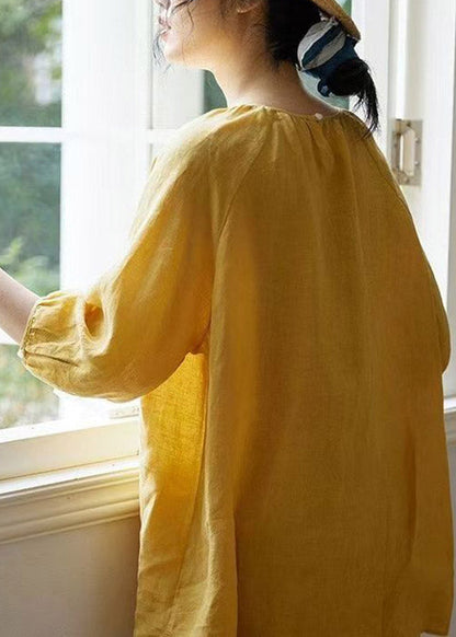 Yellow O-neck Embroidered Patchwork Linen Shirt Spring