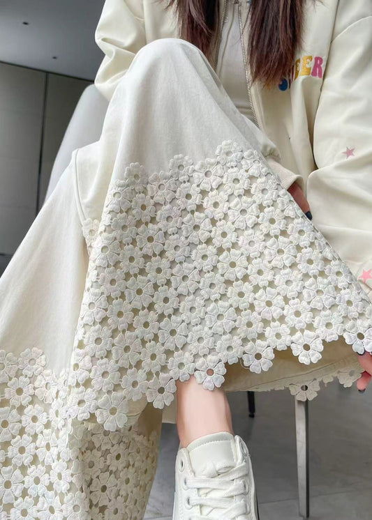 White Embroidered Patchwork Cotton Pants Fall