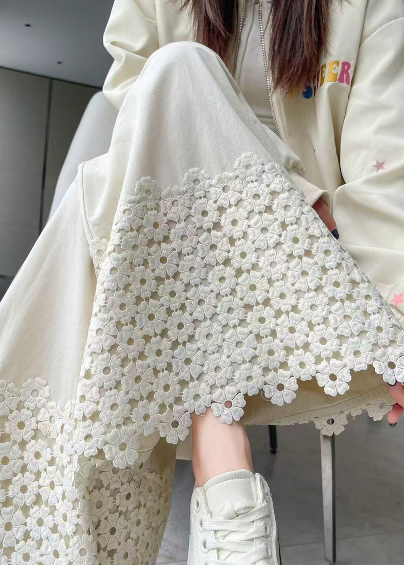 White Embroidered Patchwork Cotton Pants Fall