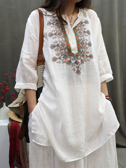 Summer Retro Embroidery O-neck Ramie Shirt