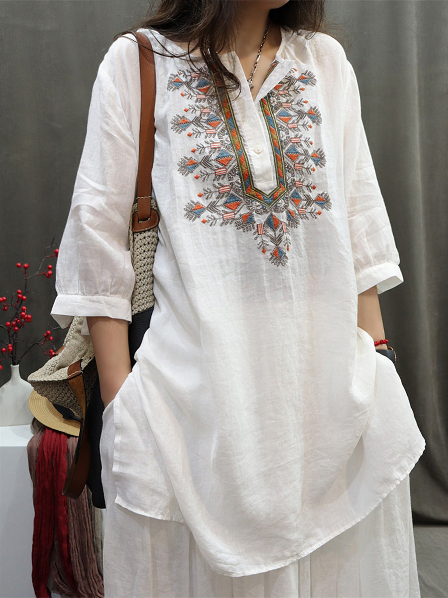 Summer Retro Embroidery O-neck Ramie Shirt