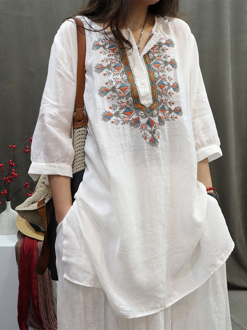 Summer Retro Embroidery O-neck Ramie Shirt