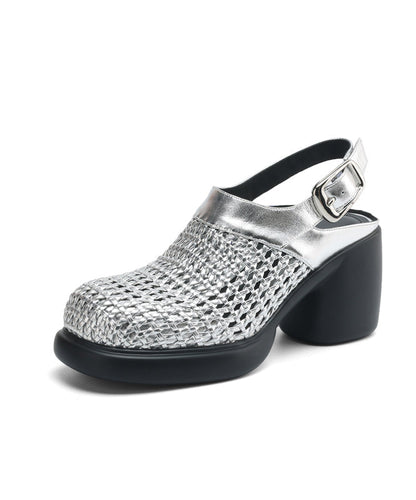 Black Chunky Heel Faux Leather Sandals Hollow Out