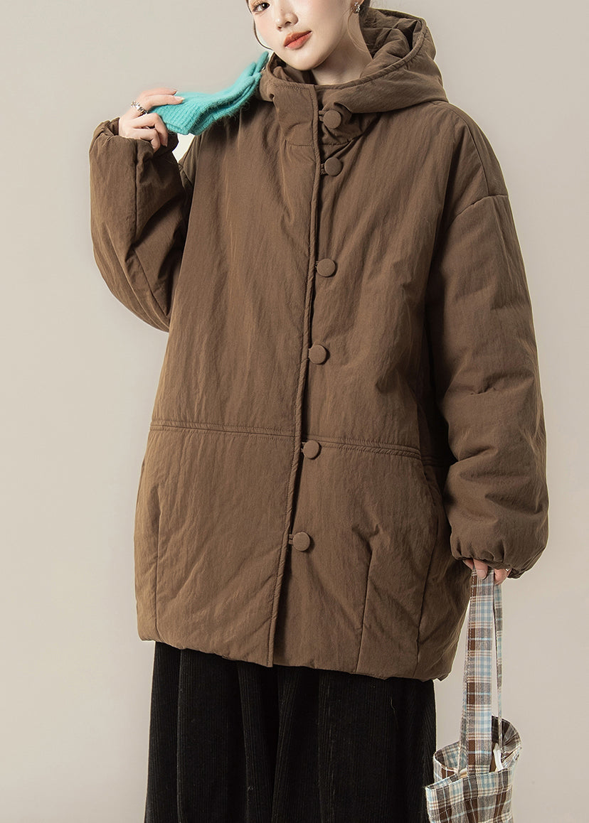 Coffee Button Patchwork Hooded Parka Winter