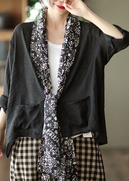 Black Turtle Neck Patchwork Linen Upf 50+ Coat Long Sleeve