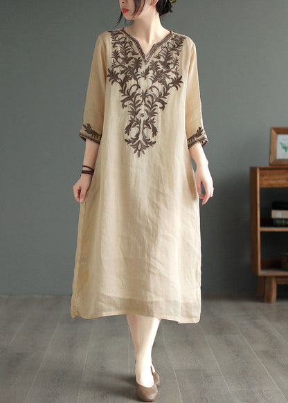 Khaki V Neck Embroidered Patchwork Linen Dress Summer