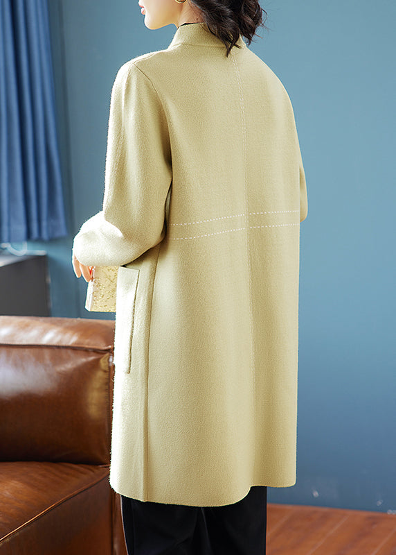 Yellow Stand Collar Pockets Woolen Cardigan Spring