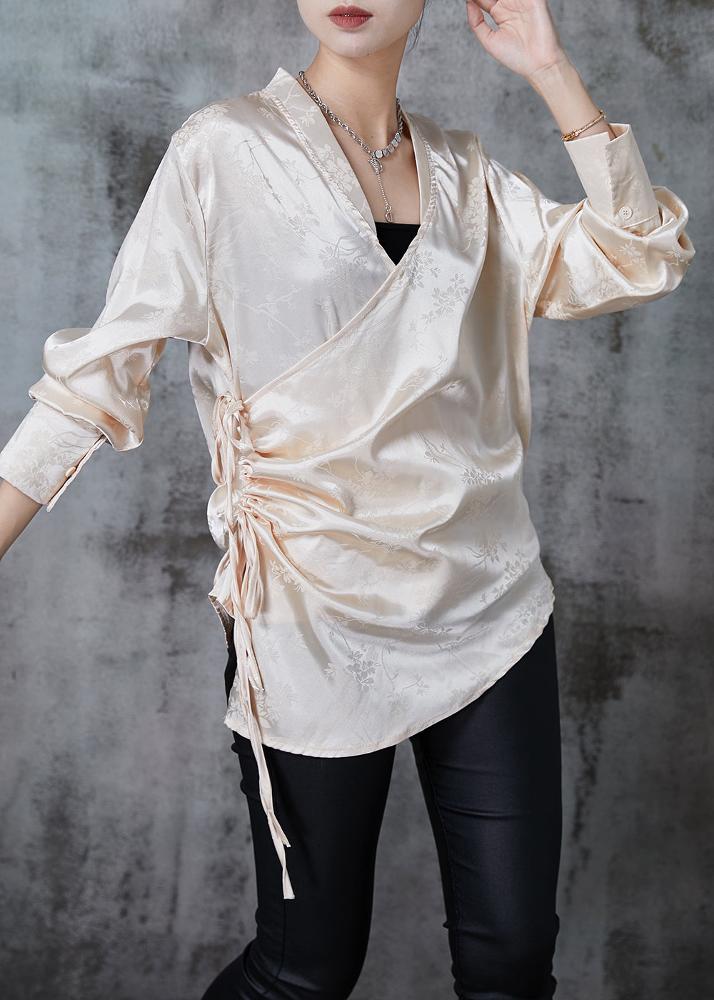 Champagne Jacquard Asymmetrical Design Silk Shirt Tops Fall