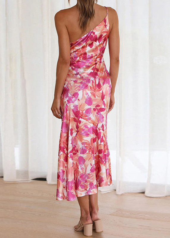 Pink Asymmetrical Print Cotton Spaghetti Strap Dress Sleeveless