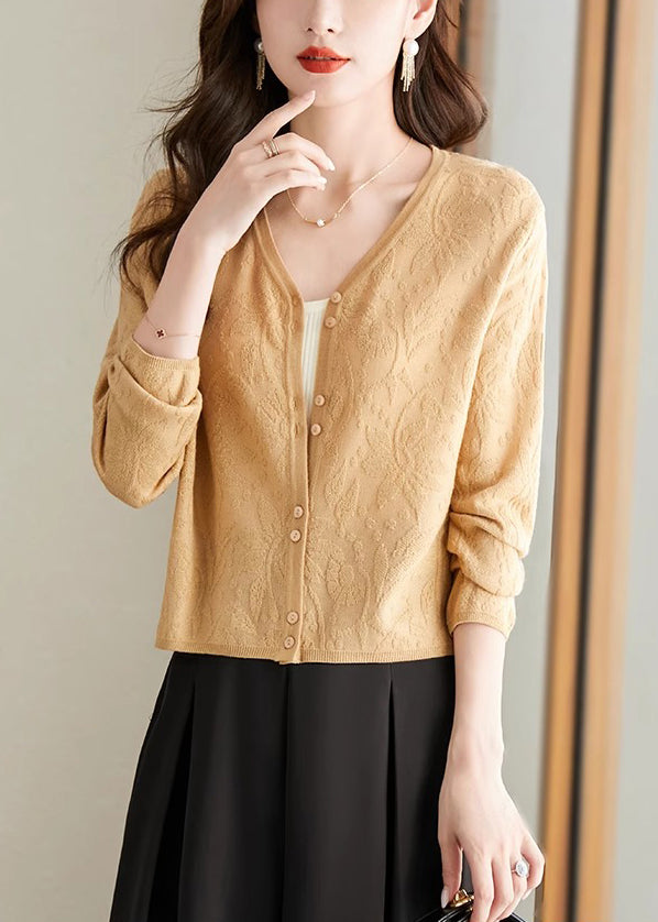 Jacquard Yellow V Neck Button Knit Cardigan Fall