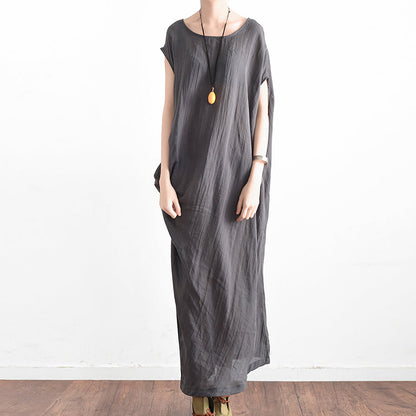 Gray Oversized Summer Linen Dresses Side Drape Asymmetrical Cotton