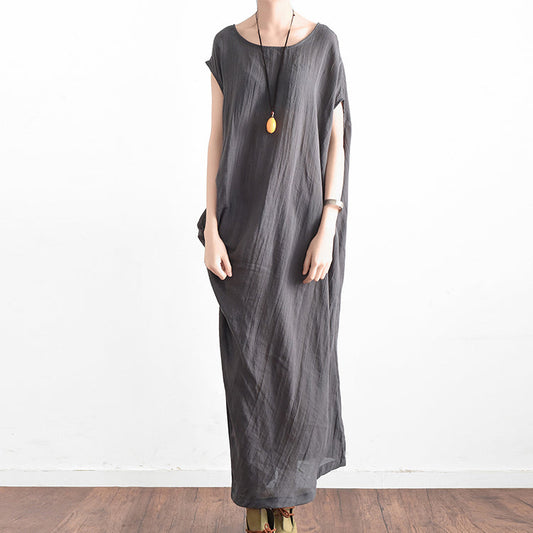 Gray Oversized Summer Linen Dresses Side Drape Asymmetrical Cotton
