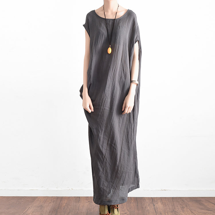 Gray Oversized Summer Linen Dresses Side Drape Asymmetrical Cotton