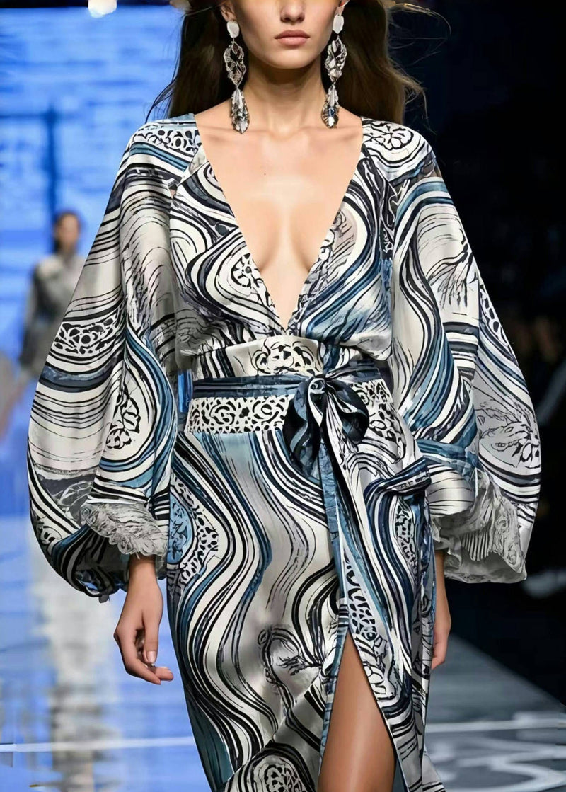 Print Side Open Silk Tunic Dress Lantern Sleeve