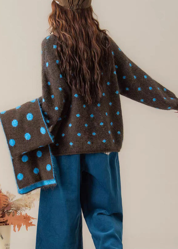 Blue Dot Cozy Scarf Knit Coats O-neck