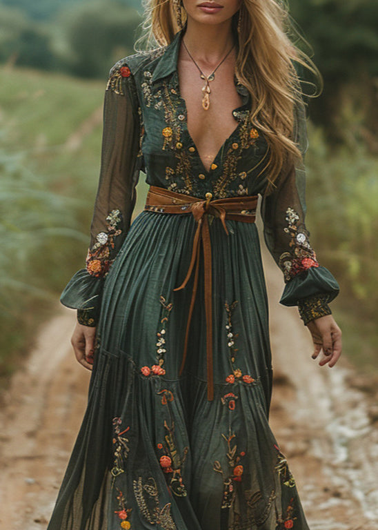 Green Peter Pan Collar Print Wrinkled Cotton Long Dresses Fall