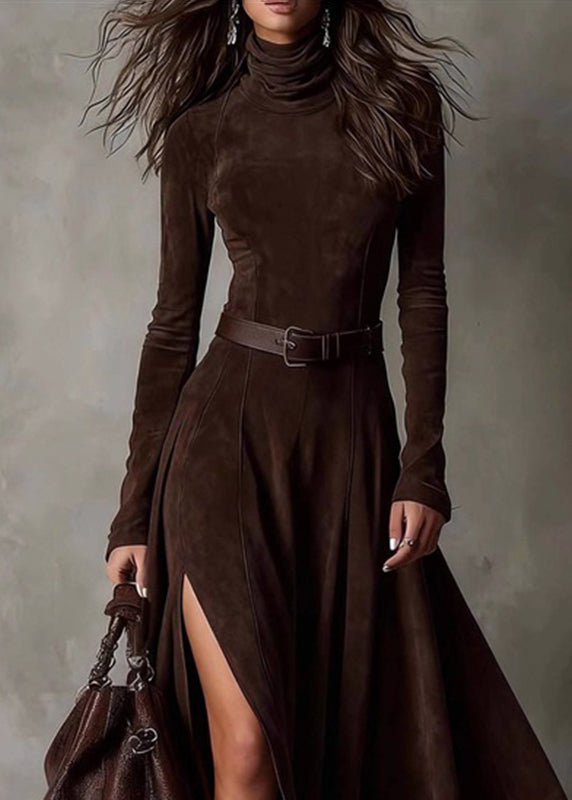 Coffee Patchwork Sashes Side Open Maxi Dresses Spring