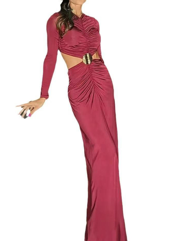 Mulberry Hollow Out Wrinkled Patchwork Cotton Long Dress Spring