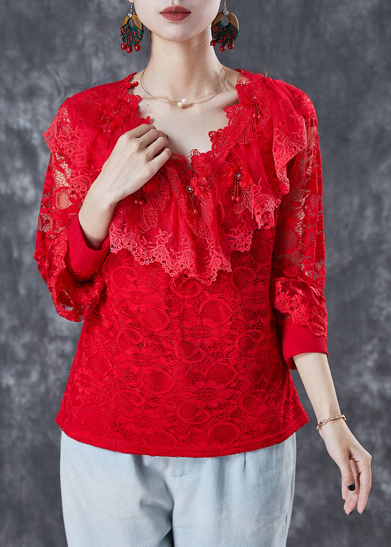 Red Hollow Out Nail Bead Lace Shirt Top Summer