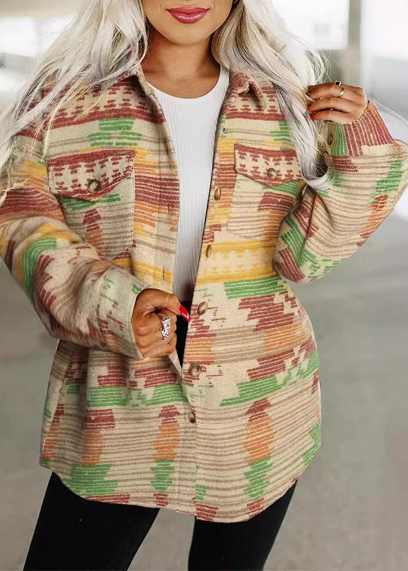 New Pink Peter Pan Collar Pockets Print Woolen Coats Fall