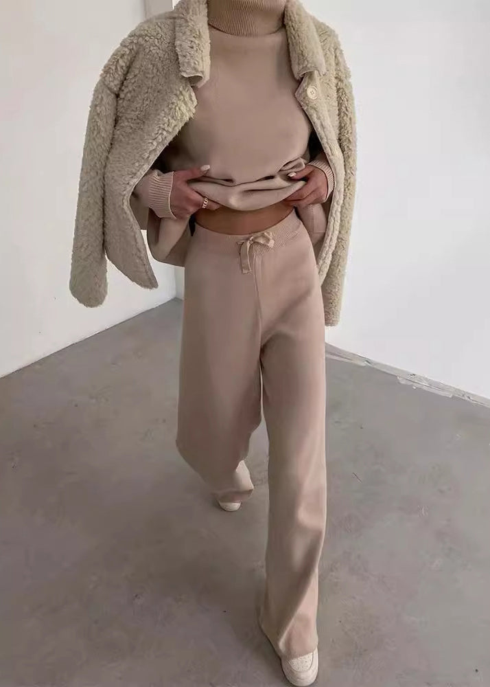 Style Khaki Hign Neck Lace Up Knit Two Pieces Set Winter
